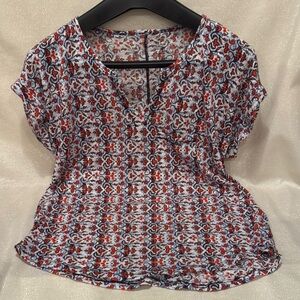 Red and Blue Puff Sleeve Blouse with Notched Collar